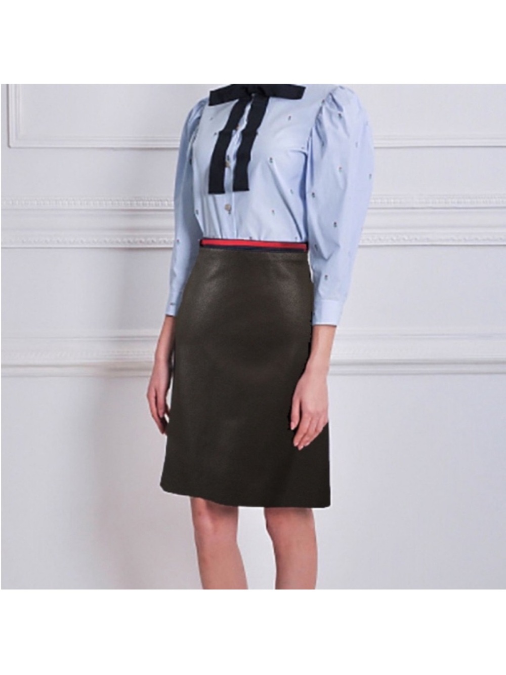Gucci Black Leather Skirt with Blue and Red Accent